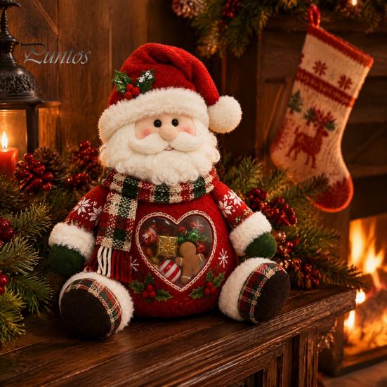 Plush Candy Storage Box Christmas Snack Bag, Clear Heart Window Doll with Back Zipper, Holiday Cookie Gift Soft Knitted Ornament Holder, Decorative