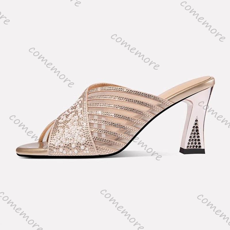 Fashion Comemore Summer New Thick High Heel Slippers for Women Fashion Bling Diamond Women's Shoes Peep Toe Casual Heels Women Slides