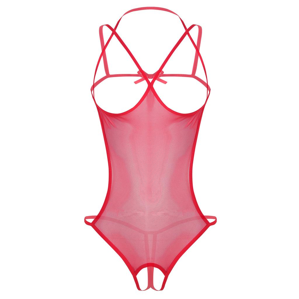 Womens Mesh Crotchless Bodysuit Halter Backless Hollow Out Leotard Lingerie