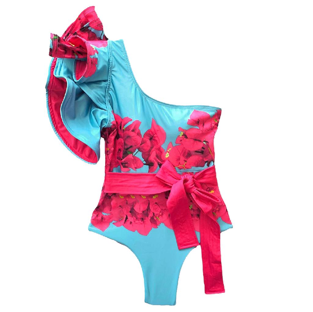 Ashgaily Ruffle One Piece Swimsuit Women Swimwear with Belt Push Up Monokini Swim Suit Print Bathing Suit Beachwear