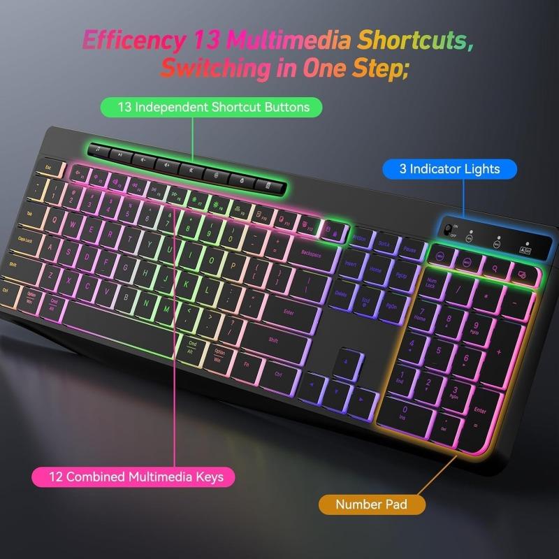 2.4G Wireless Keyboard Mouse Set RGB Backlit Rechargeable Full-Size Rechargeable Ergonomic Business Office Keyboard & Mouse Set