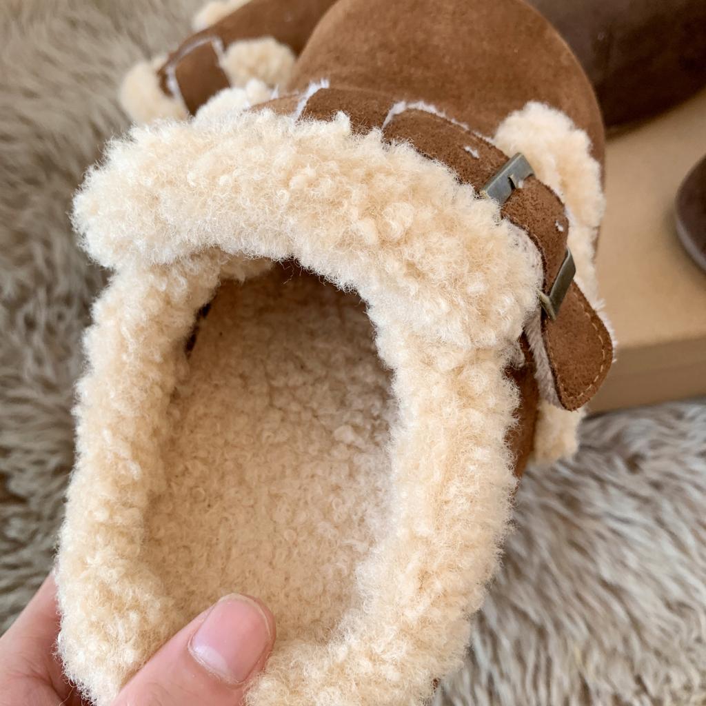2026 New Women Slippers Fur Flats Short Plush Mules Shoes Women's Fashion Buckle Soft Sole Cotton Shoes Suede Home Warm Slippers