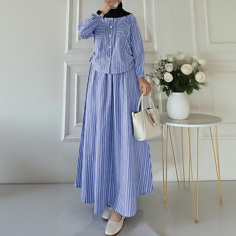 

ZANZEA Women Long Sleeve Blouse and Long Skirts Stripe Print Two Piece Suit Sets S тёмно-синий