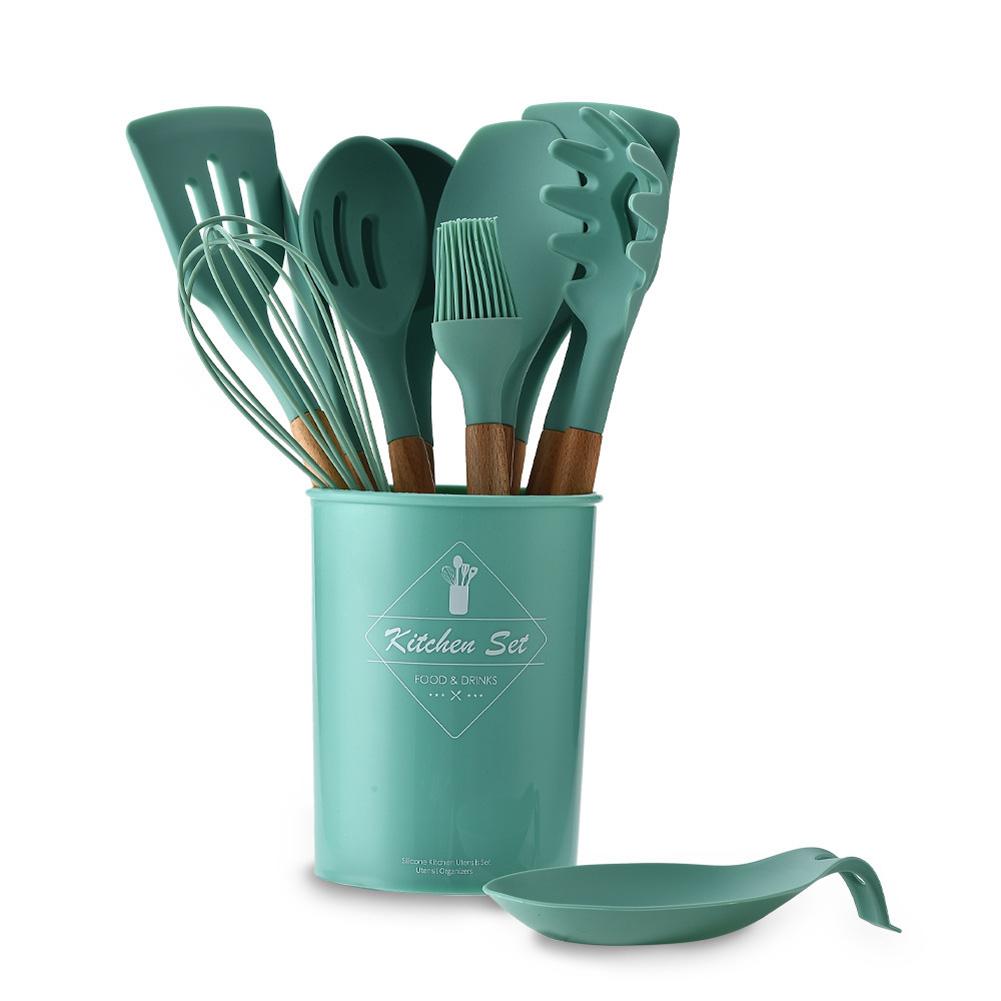12pcs Green Silicone Kitchen Ware Shovel Spoon Kitchen Tool Spoon Storage Bucket Set