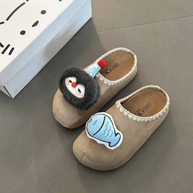 Piaohong cute cartoon doll lace thick-soled bag head fluffy slippers women wear flat cotton slippers cotton shoes in autumn and winter