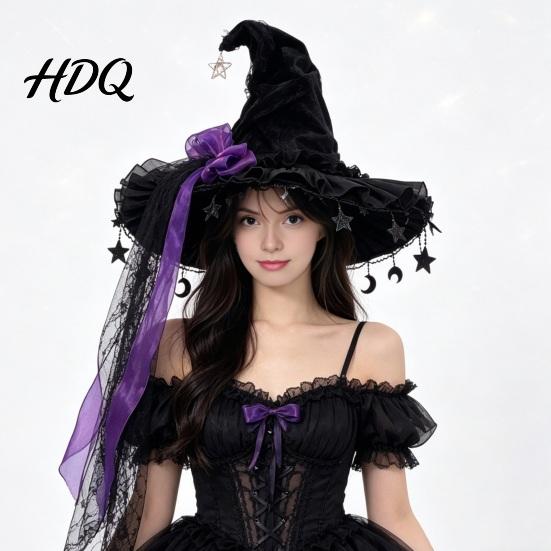 Stylish Lace Bow Headwear Halloween Witch Hat, Gothic Dark Wizard Costume Headpiece for Women, Spooky Velvet Cone Photogenic Daily Lolita Wear