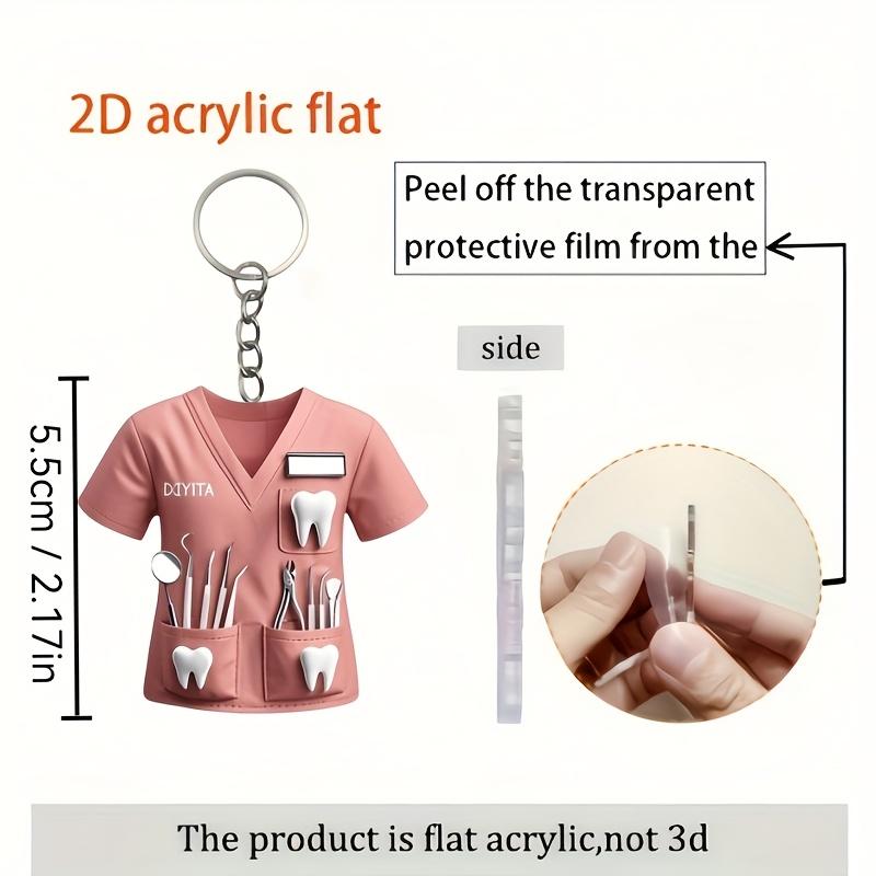 2D Acrylic Dentist Keychain Charming Pink Costume Design with Dental Tools, Waterproof Acrylic, Ideal Gift for Female Dental Professionals