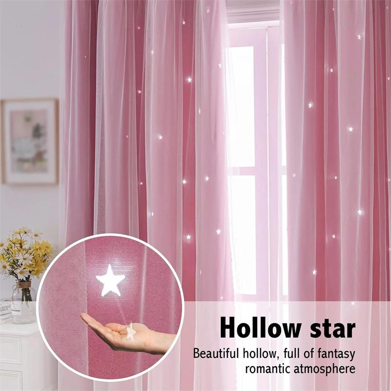 Lace Blackout Curtains Double Layer with Sheer Star Pattern Embroidery Thermal Insulated Curtain Princess Curtain Luxury Double Layer Curtains