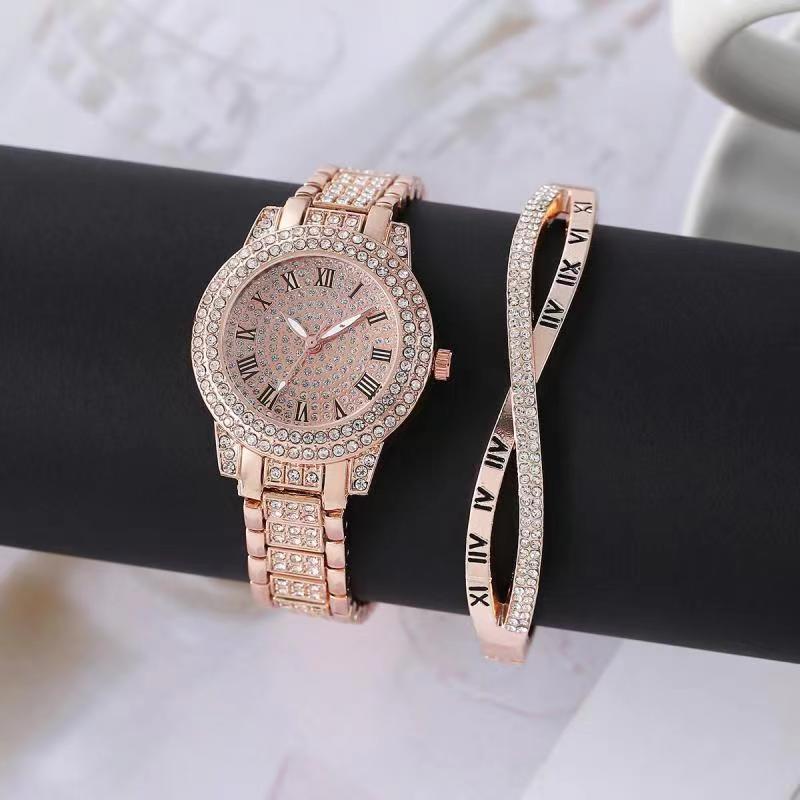 Full Diamond Roman Literary Steel Belt Watch Female Gypsy Temperament Business Quartz Watch Hip Hop Wind Full Diamond Bracelet Set