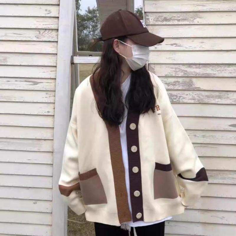 Autumn and Winter Fashion Contrasting Color Letter Embroidered Sweater Women's Cardigan Loose Knitted Sweater Jacket Large Version Women's Clothing