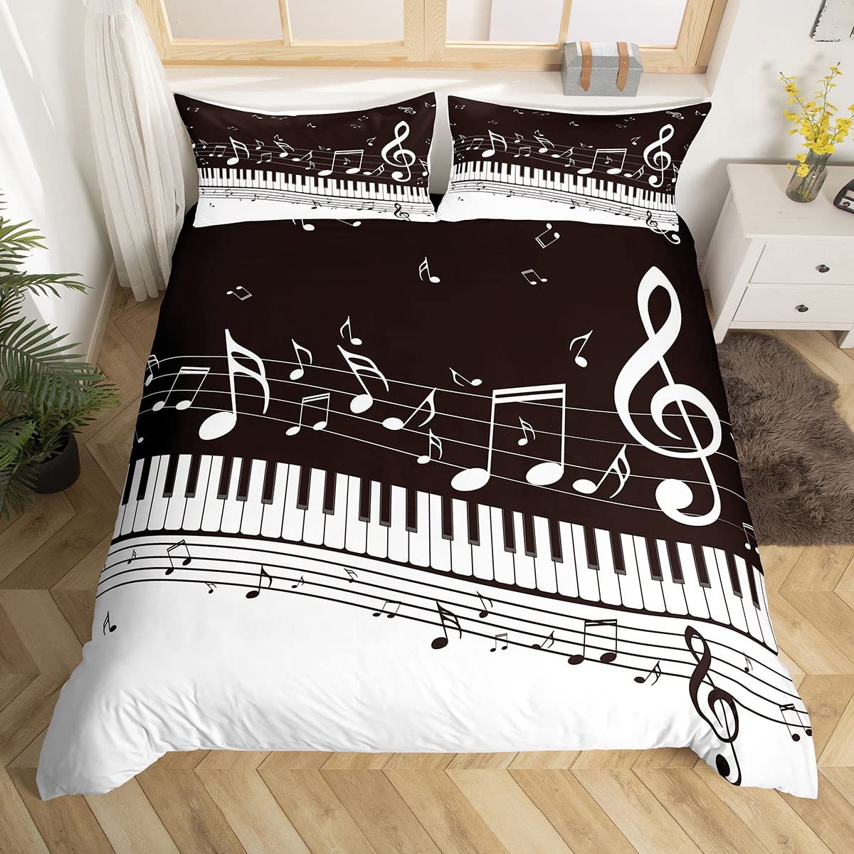 

Music Piano Keys Підодіяльник King Queen Piano Комплект постільної білизни Сучасний музичний інструмент Підодіяльник Чорно-білий підодіяльник 140x200cm 3pcs