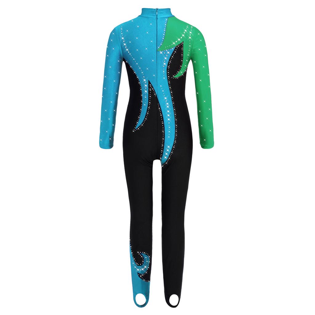 Girls Color Block Gymnastics Jumpsuit Mock Neck Long Sleeve Shiny Rhinestones Bodysuit Full Body Leotard