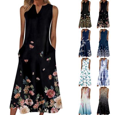 Women's Summer Casual Fashion Printed Sleeveless V-Neck Pocket Dress