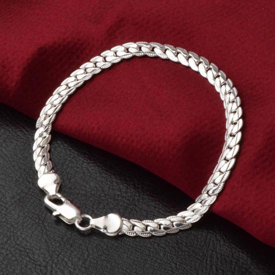 Simple Flat Curb Silver Plated Chain Lobster Clasp Bracelet Women's Jewelry
