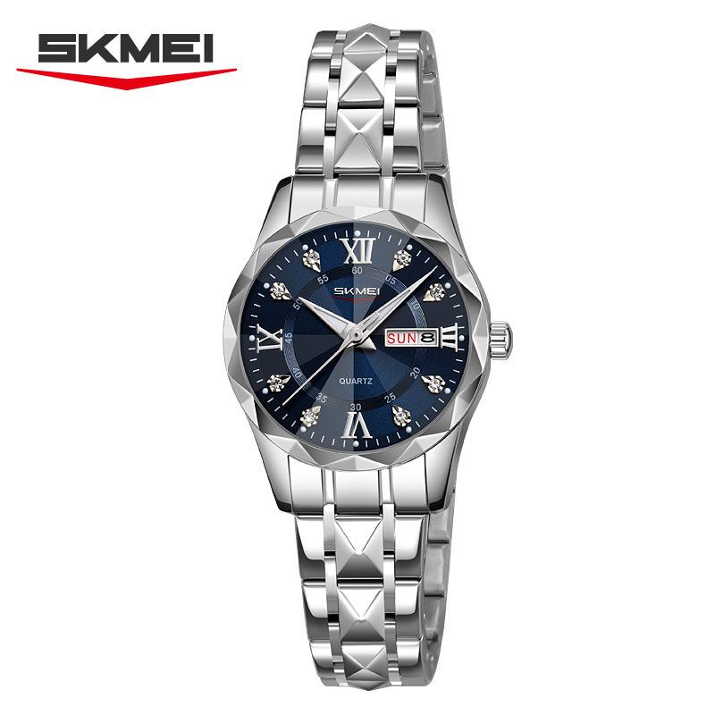 

Skmei Роскошные парные часы Водонепроницаемые Светящиеся Дата Неделя Часы для Женщин Мужчин Кварцевые Нержавеющая сталь Женские Мужские Часы Women Style серебряный/синий