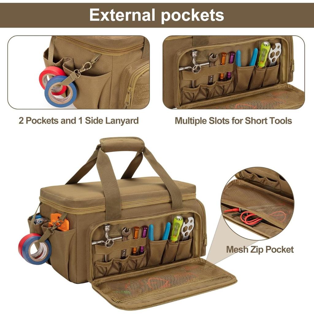 14" Heavy Duty Tactical Tool Bag, Durable Portable Work Organizer Non-Slip Base, Multi Purpose Storage for Handyman Carpenter