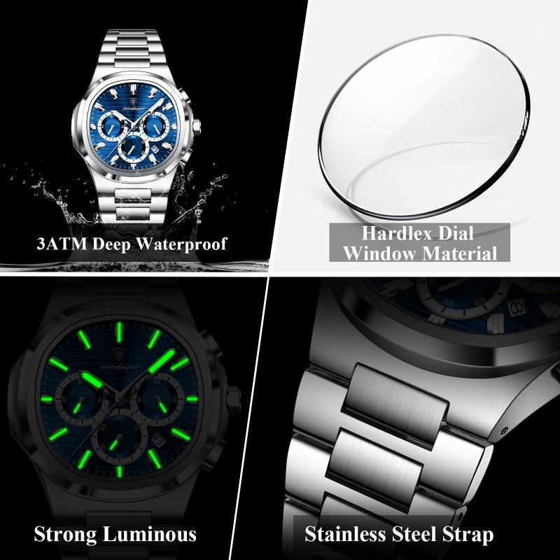 POEDAGAR Business Man Wristwatch Date Chronograph Waterproof Luminous Luxury Watch Stainless Steel Quartz Watches Male