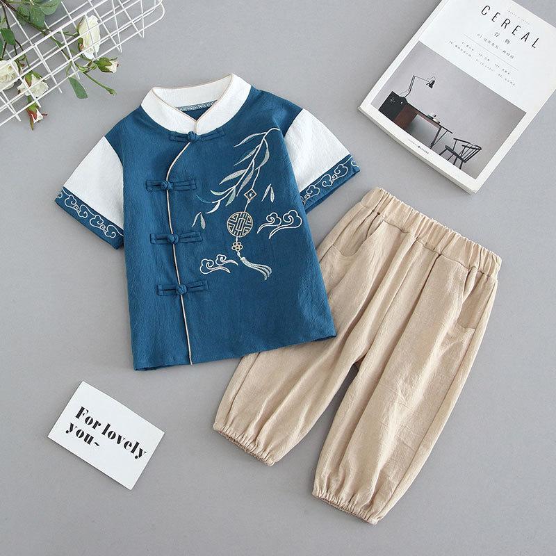 

Летний костюм для мальчиков Ханбок, детский летний костюм, китайский костюм Тан с короткими рукавами, детская одежда для выступлений в китайском стиле 140