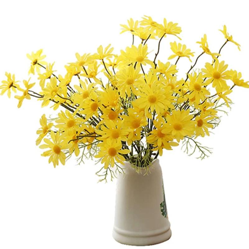 10pcs Yellow Daisies Artificial Flowers Long Branch Bouquet Family Party Wedding Decoration DIY Bridal Silk Artificial Flower