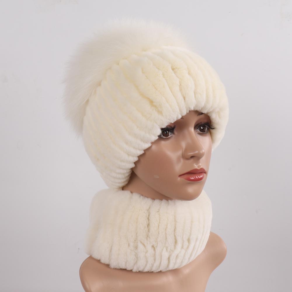 Women Winter Real Fur Hat Scarf 2 Pieces Knitted Rex Rabbit Fur Hat Top Natural Fox Fur Cap Scarves Sets Lady Warm Real Fur Caps