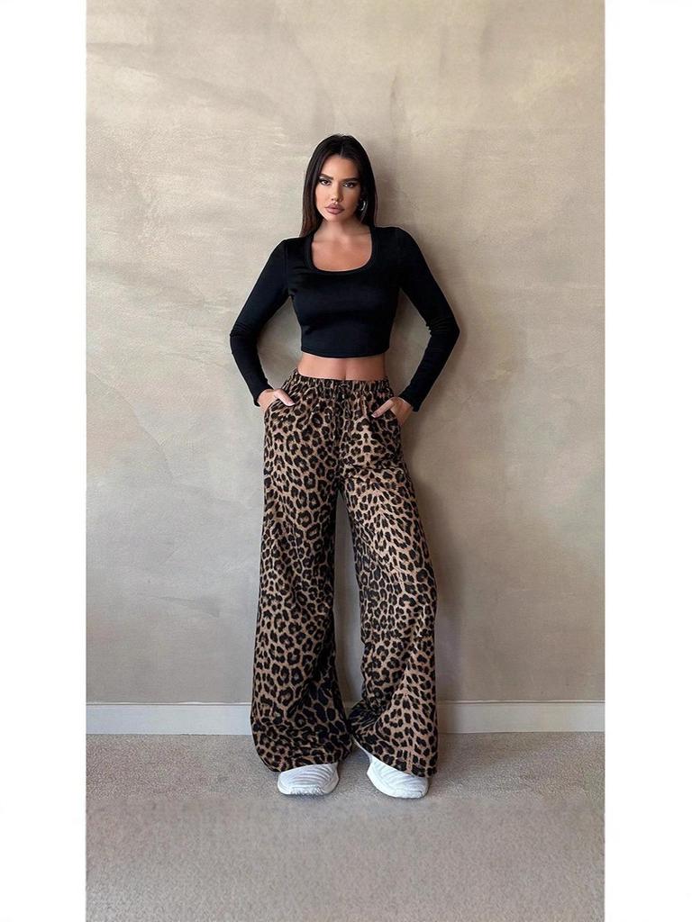 Leopard Print Elastic Waist Casual Loose Straight Pants for Spring and Autumn