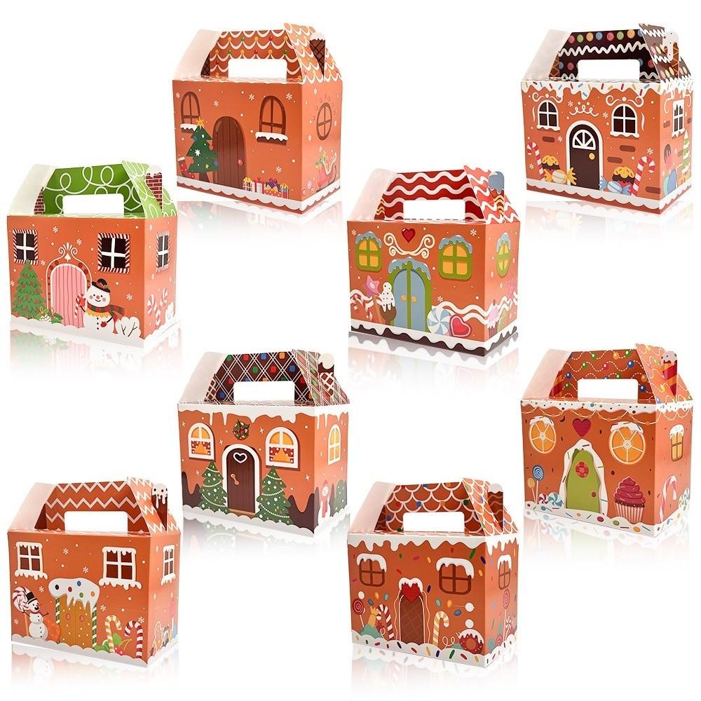 12PCS With Handle Christmas Gift Box Gingerbread House Cartoon Design Merry Christmas Decoration Packaging Box Candy Cookies