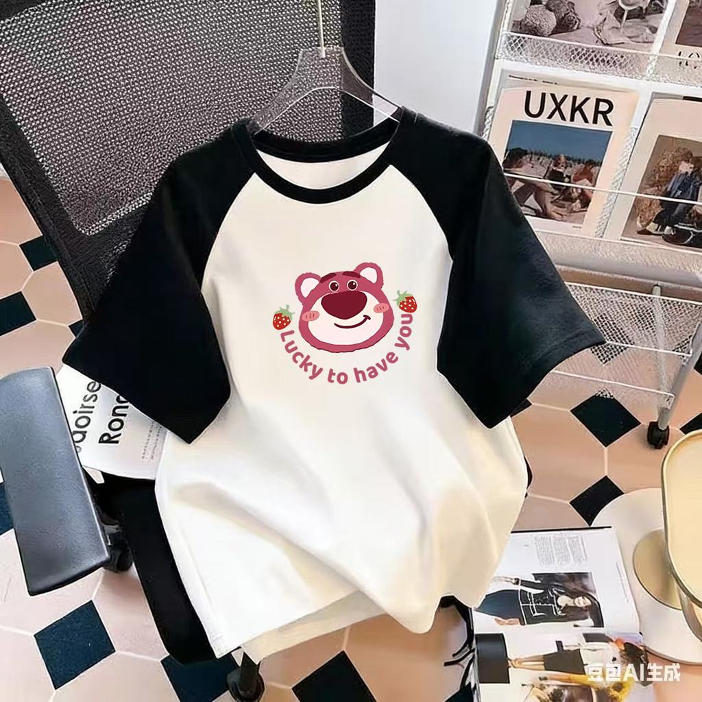 Girls Pink Cotton T Shirt Summer Cartoon Short Sleeve Round Neck Top For Big Kids Fashionable Casual Tee