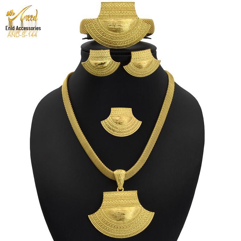 24K Dubai Gold Bridal Jewelry Set: Necklace, Bracelet, Earrings, Ring for African Women
