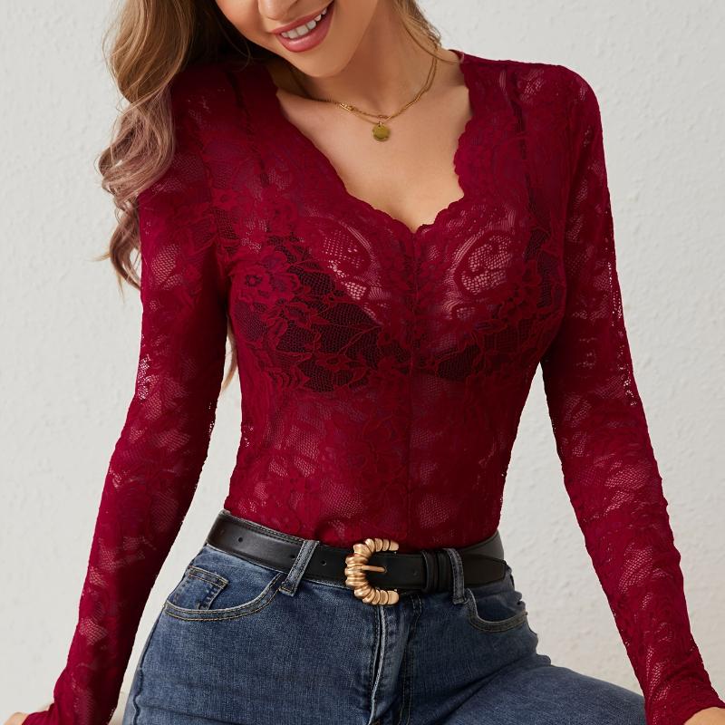 Jarní nové sexy krajkové košile s dlouhým rukávem pro ženy, módní jednobarevné průsvitné slim fit ležérní halenky pro ženy, elegantní háčkované dámské košile 26251