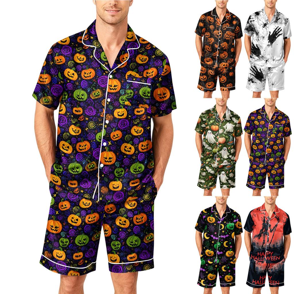 Men's Short Sleeve Pajama Set Button Down Shirt with Curved Hem and Matching Shorts Soft Casual Sleepwear S To XXXXL