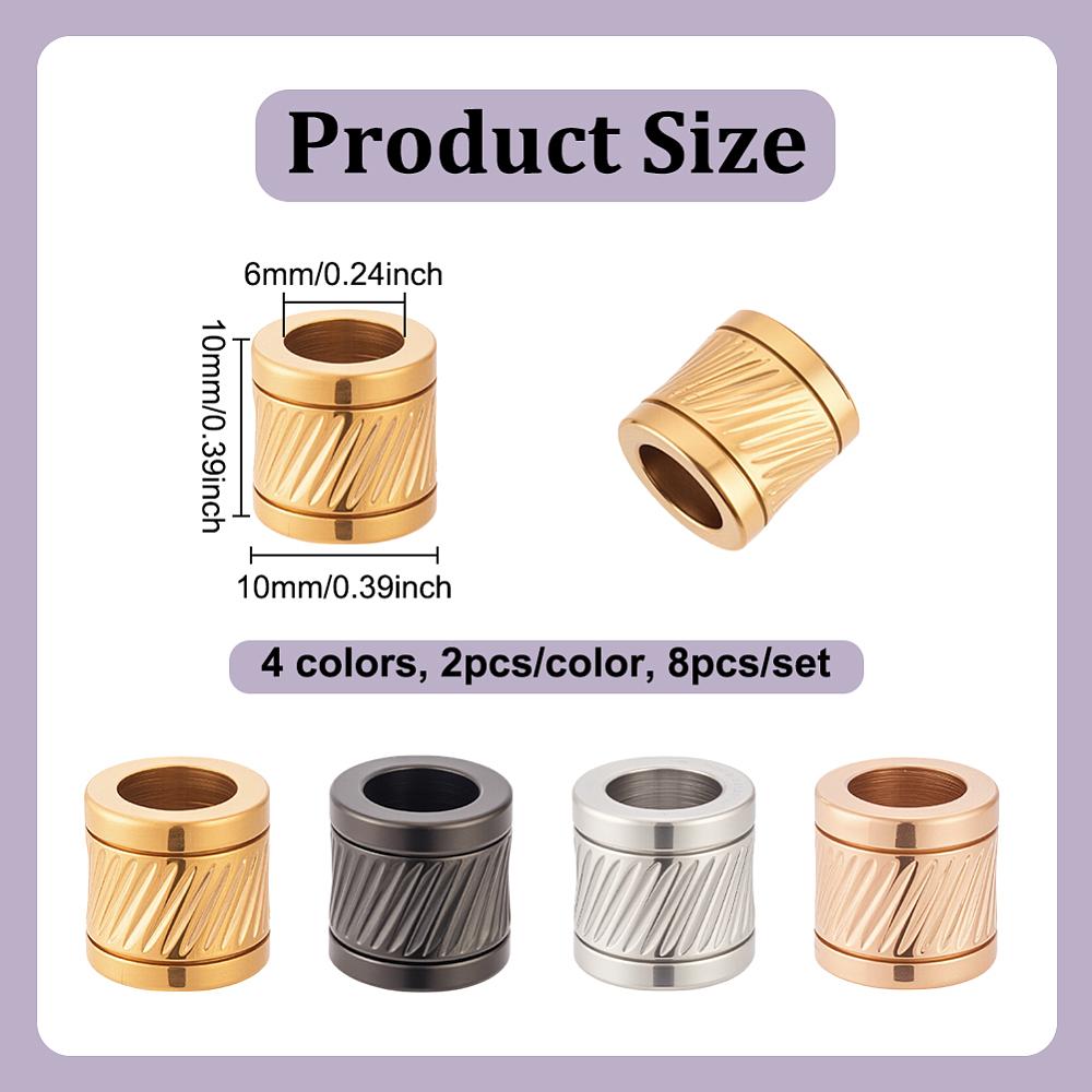 8Pcs 4 Colors 304 Stainless Steel Glazed European Beads, Large Hole Beads, Column, Mixed Color, 10x10mm, Hole: 6mm, 2pcs/color