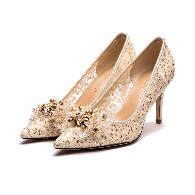 Fashion Champagne Lace Bridesmaid Shoes Rhinestone Pearl Mesh High Heels Wedding Party