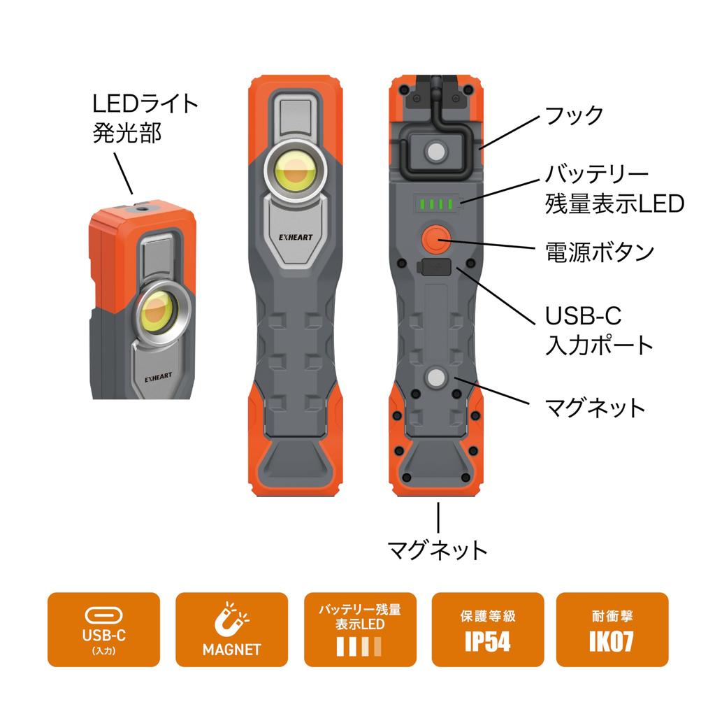 EXHEART LED Inspection Light PRO 20W Neutral Daylight USB Lithium 800 Work with LED Work Construction Handheld High Color Rendering EXL-CRI20P (Warm