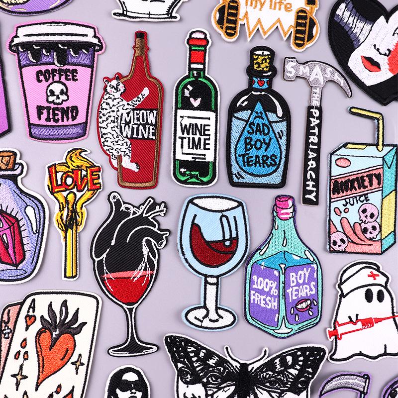 Punk /Heart Embroidery Patch Iron On Patches For Clothing Thermoadhesive Patches On Clothes Cartoon /Bottle Patch Sew Applique Diy