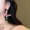 Pink resin flower butterfly pearl fringed earrings fashion stud earrings light luxury high temperament earrings women
