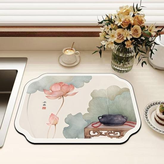 Absorbent Coffee Bar Mat for Espresso Machine, Floral Bird Pattern Non-slip Dish Drying Mat, Diatom Mud Quick Dry Mat for Kitchen Sink Countertop