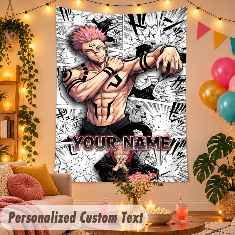 Ryomen Sukuna Personalized Wall Tapestry Custom Name Text Polyester Hanging Decor Home Room