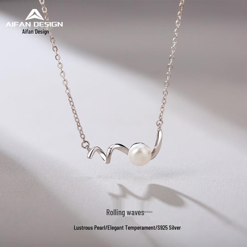Sterling Silver Freshwater Pearl Wave Necklace - Chic Design Clavicle Chain