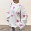 European Style Heart Embroidered Knit Pullover - Women's Round Neck, Long Sleeve, Loose Fit, Versatile Casual Top