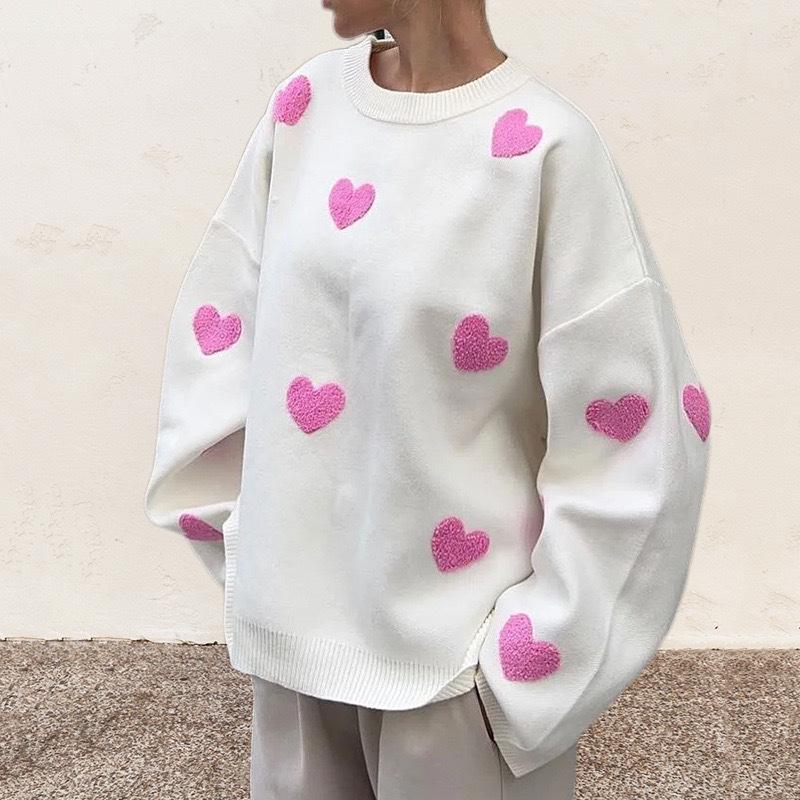 European Style Heart Embroidered Knit Pullover - Women's Round Neck, Long Sleeve, Loose Fit, Versatile Casual Top