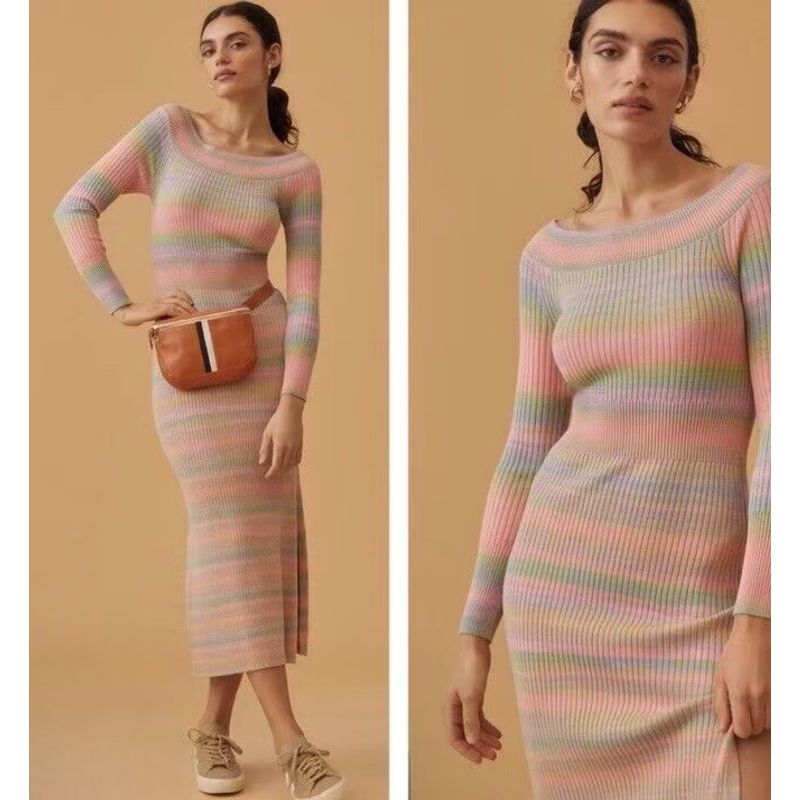 American Style Home ~ Big Round Collar Knitting Stripes Dress Silm Slim Looking Mid Length Long Length