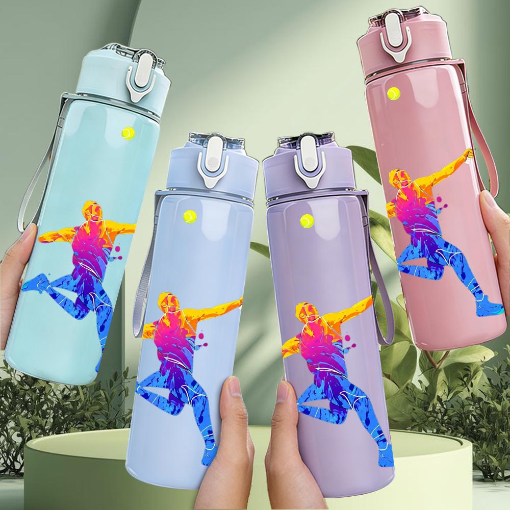1PC Tennis Player Splash Silhouette 750ml Color Plastic Water Bottle Leakproof Flip Straw Lid For Sports Office Home Use