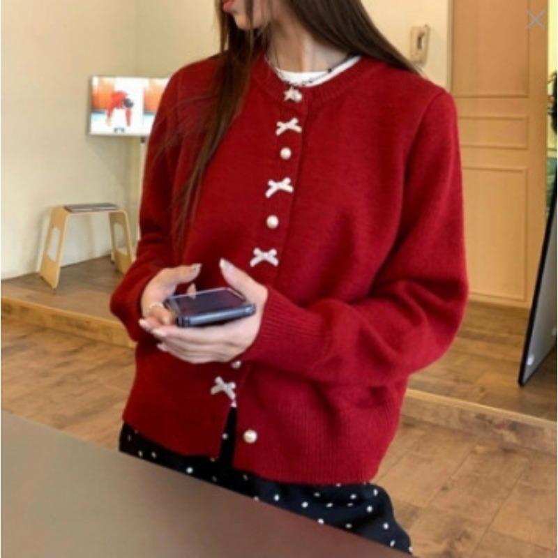 Spring and Autumn Butterfly Knot Cardigan Sweater Women Elegant Pearl Button Korean Style Sweet Jackets Light Yellow Knitted Coats Round Neck Shirts