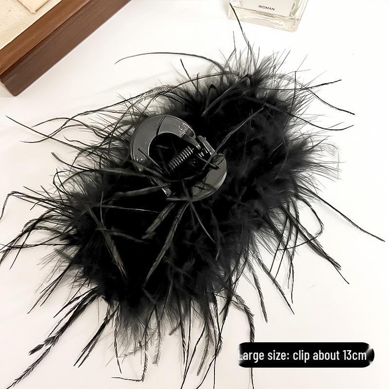 Large Retro Black Feather Hair Claw - Exaggerated Stage Styling Accessory