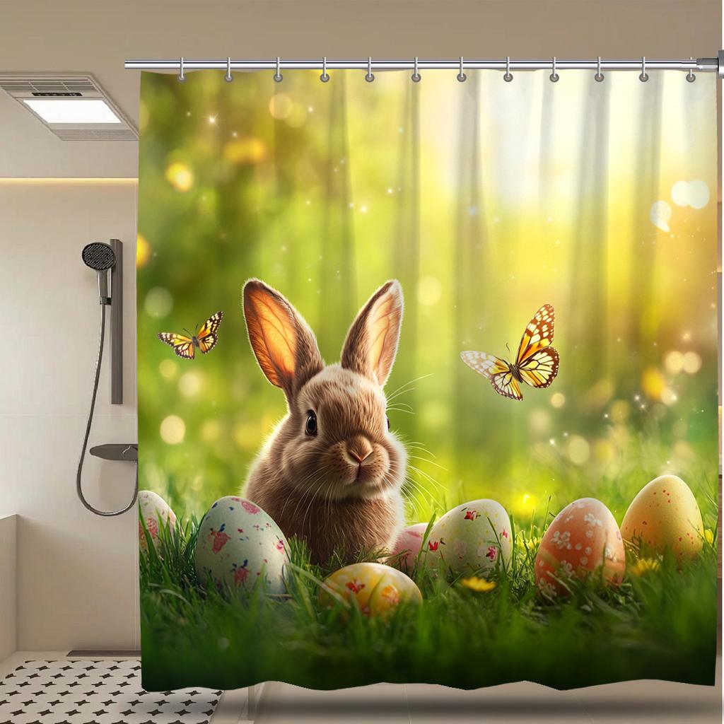 1 Piece Easter Bunny And Eggs Shower Curtain - Polyester, Nature-Inspired Bathroom Decor For All Seasons | Holiday Themed Decor