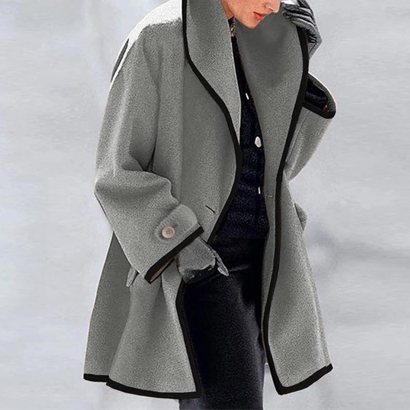 Damen Elegant Schwerwollmäntel Herbst Winter Lässig Knopf Kontrastkante Oberbekleidung Mode Locker Revers Warme Jacke