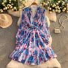 French pure desire V-neck long-sleeved dress women's autumn strap waist thin beautiful chiffon printed lotus leaf edge skirt