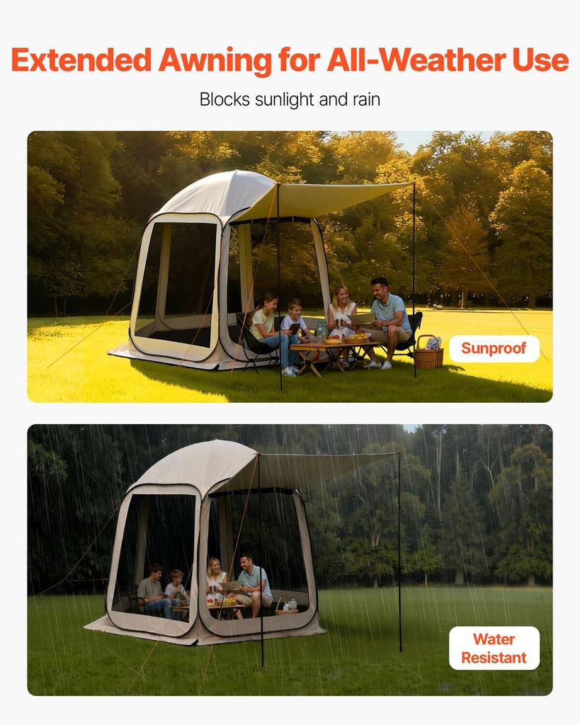Screen House Zelt, 3030 x 2650 x 2300 mm, 4-8 Personen Pop-Up Screen Zelt mit erweiterter Markise, Tragbares abgeschirmtes Überdach mit Tragetasche, Netzgewebe