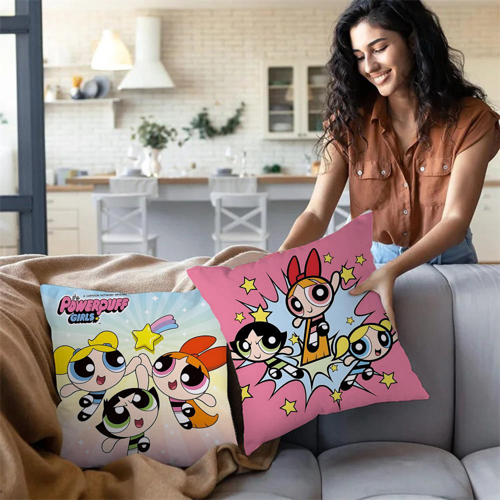 Anime Powerpuffs Girlss Pillow Covers Cartoon Sofa Decorative Home Double-Sided Printing Short Plush Cute Cushion Cover