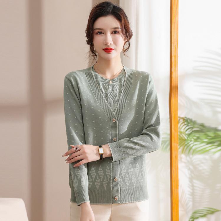 

Весеннее платье Модный вязаный костюм-двойка Мама Весна и Осень Футболка с коротким рукавом Темпераментный кардиган для женщин среднего возраста 3XL